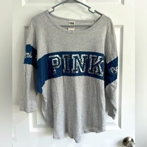 Vintage Victoria's Secret PINK Sequin Bling Grey/Blue Silver 3/4 Quarter Sleeve